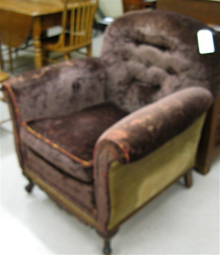 Appraisal: BROWN UPHOLSTERED WALNUT EASY CHAIR Davis Mfg Co Minneapolis c