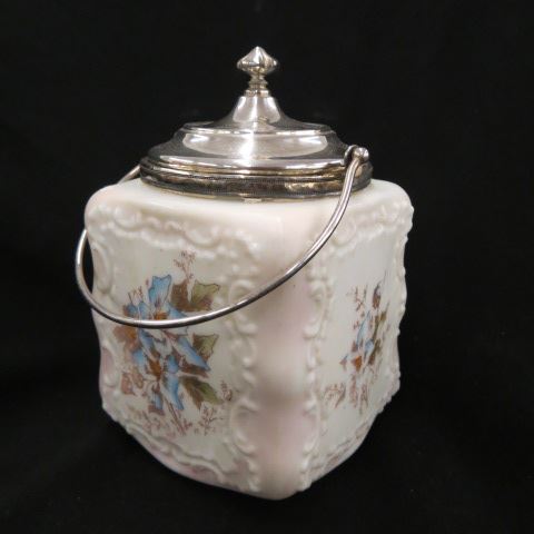 Appraisal: Wavecrest Art Glass Biscuit Jar floral silverplate trim unsigned excellent