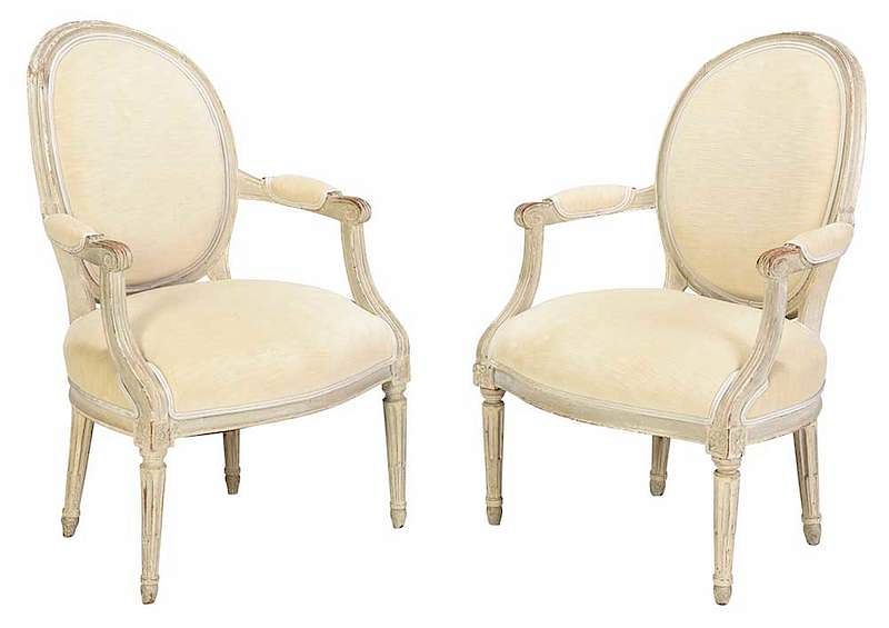 Appraisal: Pair Louis XVI Style White Painted Bergeres Continental th century