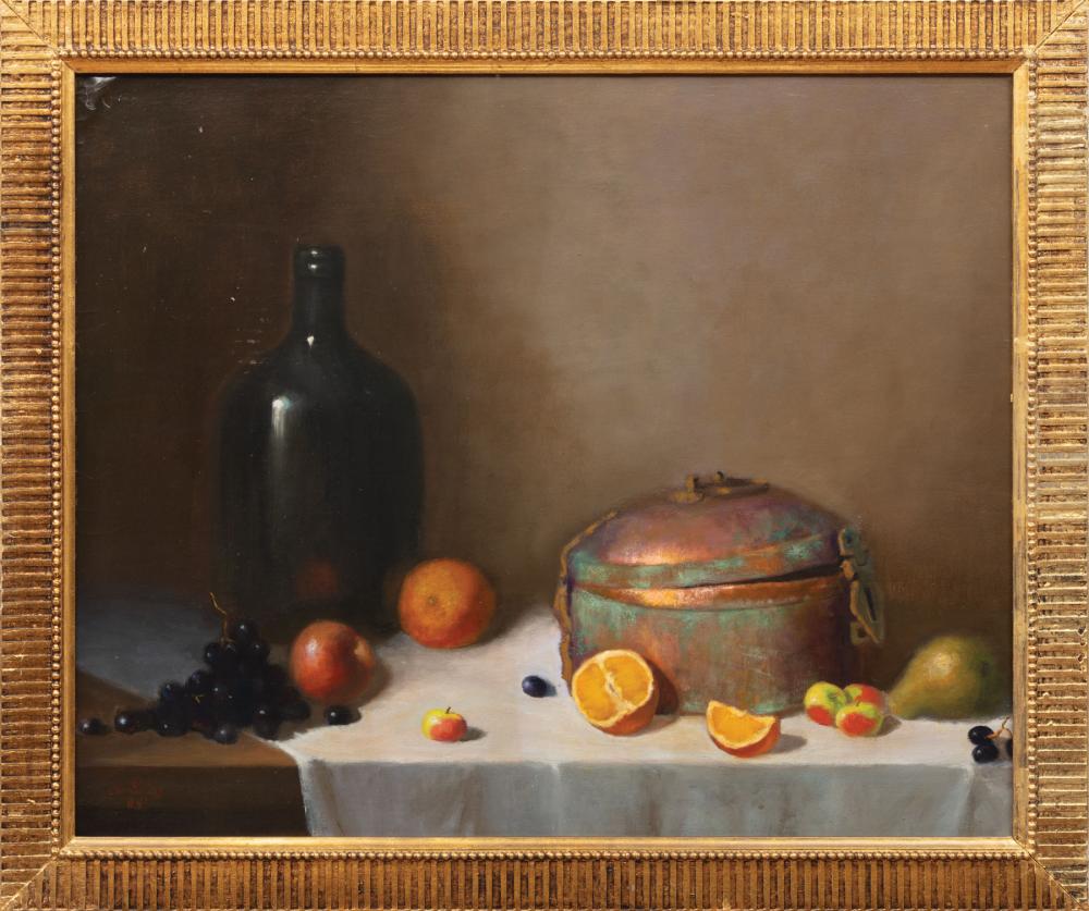 Appraisal: American School Still Life with Fruit Jug and Copper Pot