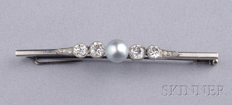 Appraisal: Art Deco Platinum Pearl and Diamond Bar Pin centering a