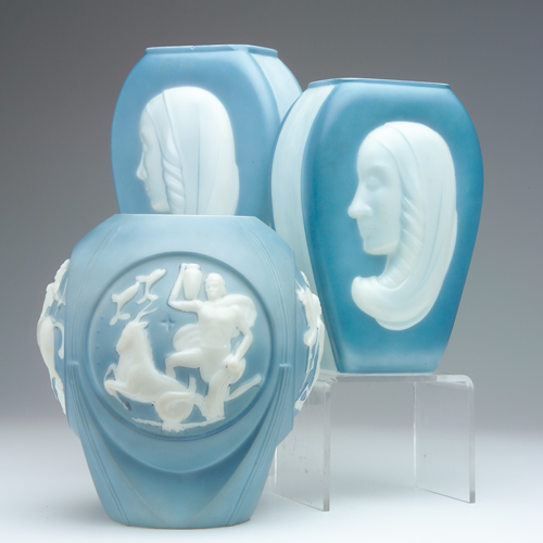 Appraisal: PHOENIX Three blue and white glass vases one with Zodiac