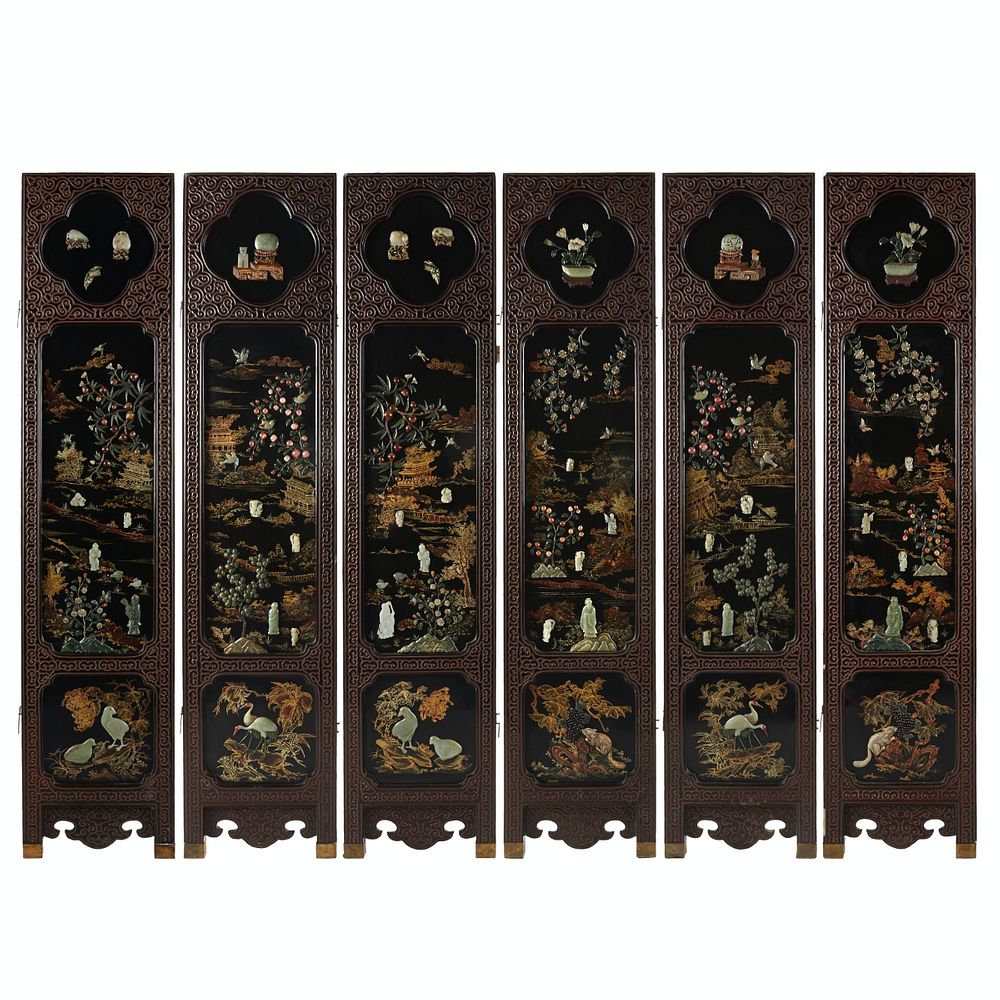 Appraisal: Chinese Lacquer Jade -Panel Screen w Jade Insets An amazing