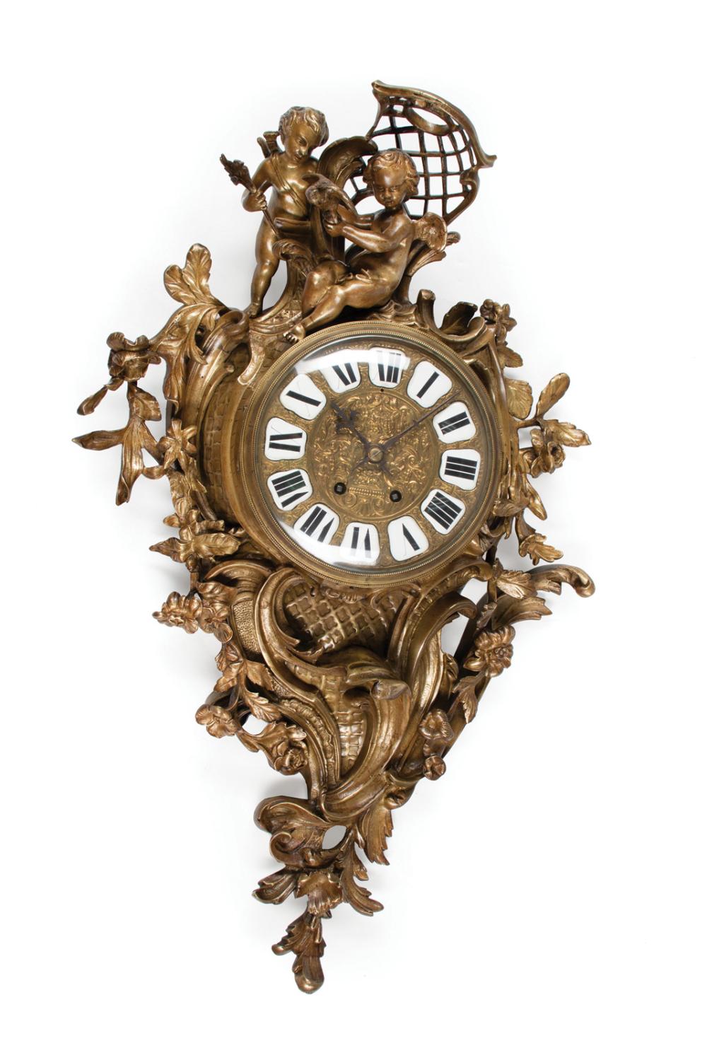 Appraisal: French Bronze Figural Cartel Clock c surmounted by cherubs scrolls