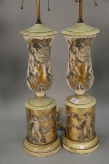 Appraisal: Pair of glass lamps having reverse painted putti and cherub