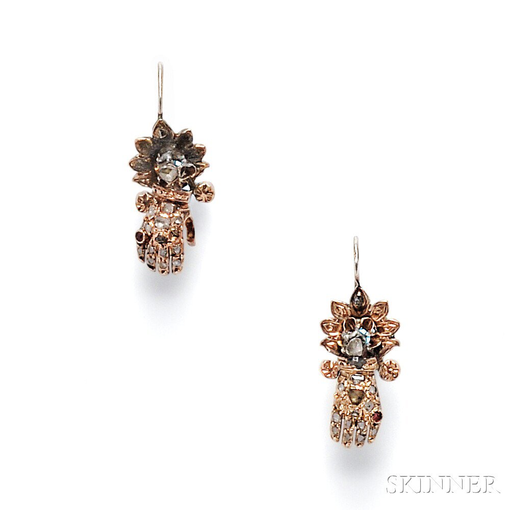 Appraisal: Antique Rose-cut Diamond Earpendants each designed as a gloved hand