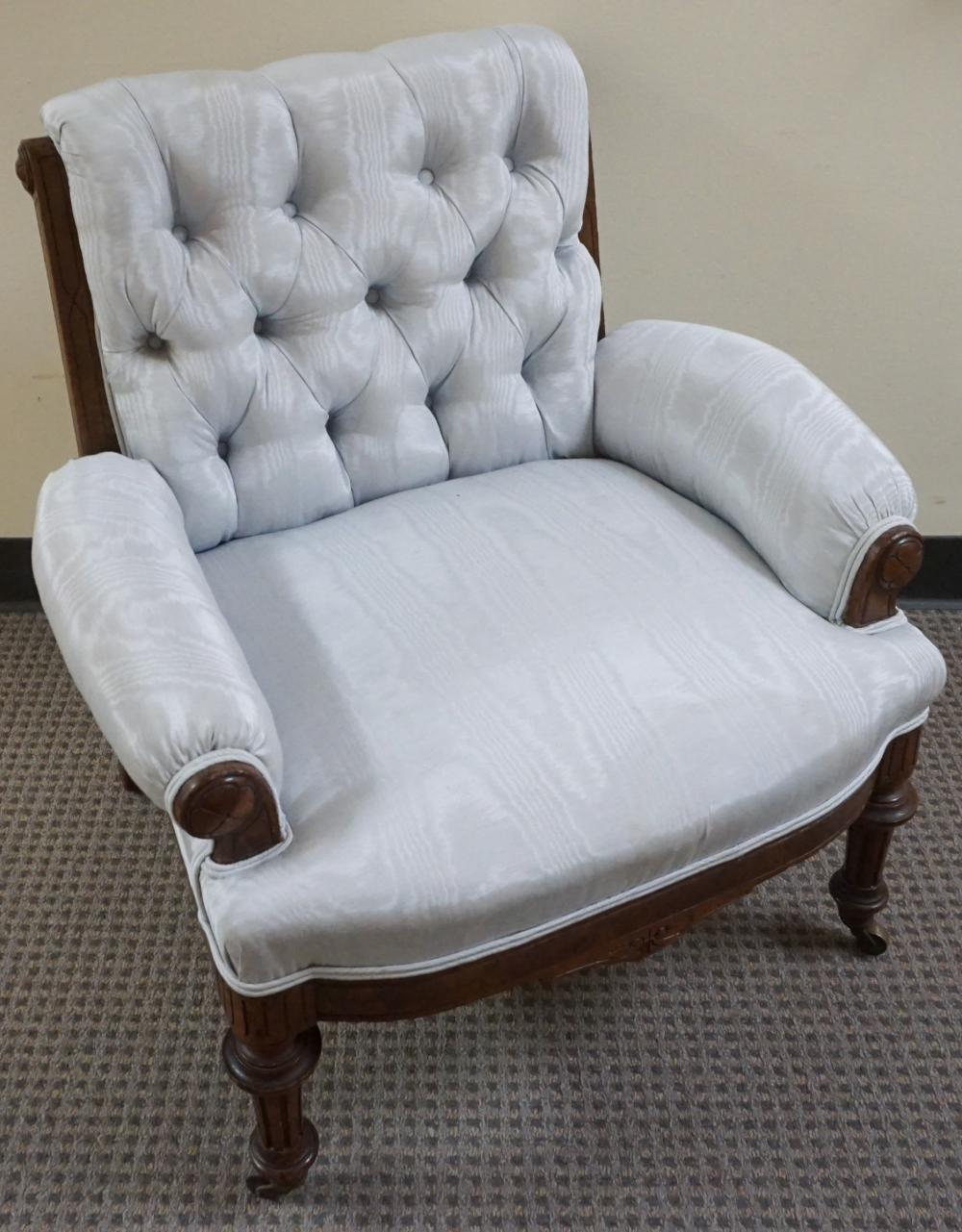 Appraisal: Edwardian Style Carved Wood and Tufted Upholstered Diminutive Arm Chair