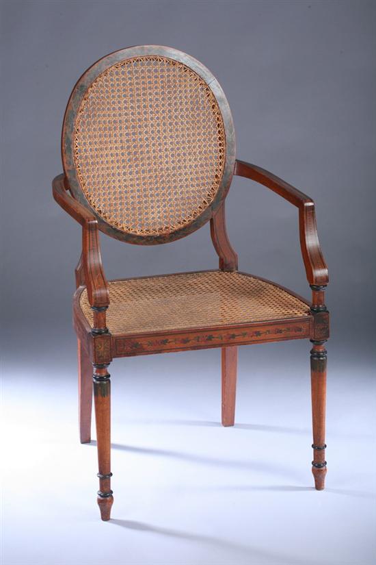 Appraisal: ADAMS STYLE PAINT-DECORATED OPEN ARMCHAIR Late th century with caned