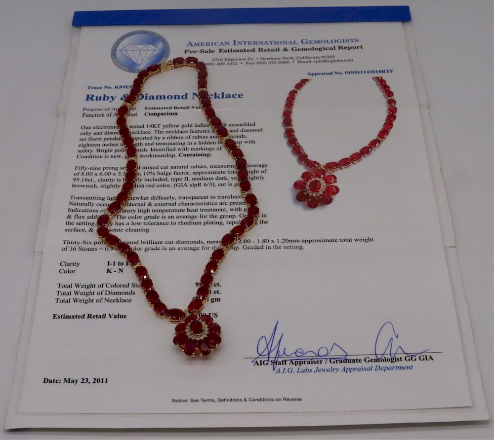 Appraisal: JEWELRY kt Gold and ct Ruby Necklace Includes a kt