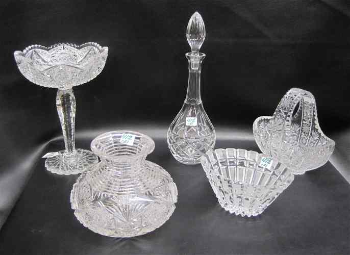 Appraisal: FIVE PIECES HAND CUT AND ENGRAVED CRYSTAL vase of squat