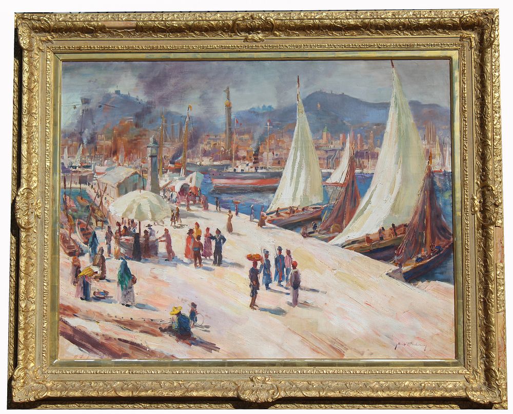 Appraisal: Signed Large Impressionist European Harbor Scene Signed Large Impressionist European