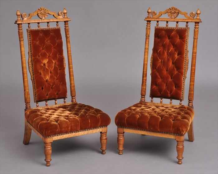 Appraisal: PAIR OF ENGLISH VICTORIAN ELIZABETHAN REVIVAL FIGURED MAPLE VELVET-UPHOLSTERED RECEPTION