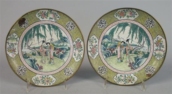 Appraisal: PAIR OF CHINESE EXPORT ENAMEL ON COPPER DECORATED PLATES diameter