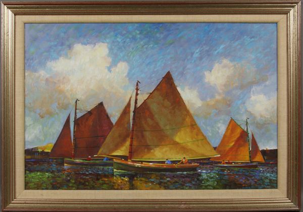 Appraisal: Attributed to Vern Broe American b catboats with red sails