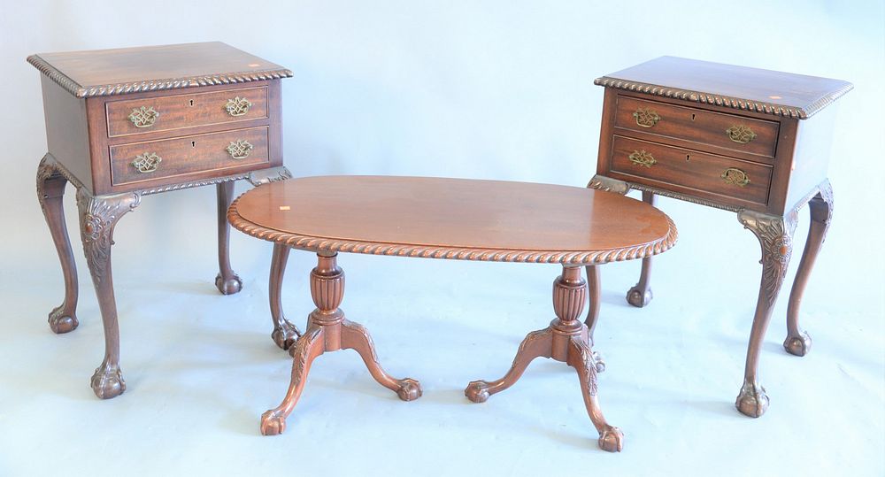 Appraisal: Potthast four piece mahogany set oval coffee table with carved