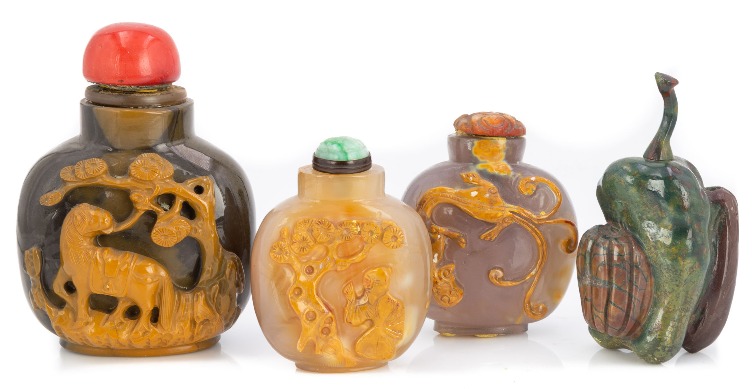 Appraisal: CHINESE HARDSTONE AGATE SNUFF BOTTLES Chinese Hardstone Agate Snuff Bottles