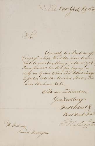 Appraisal: WASHINGTON GEORGE Letter Signed as President to Samuel Huntington Governor