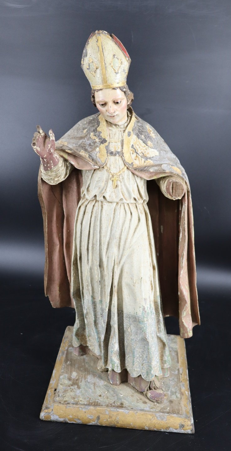 Appraisal: ANTIQUE CARVED POLYCHROMED SANTOS BISHOP Good large size Very well