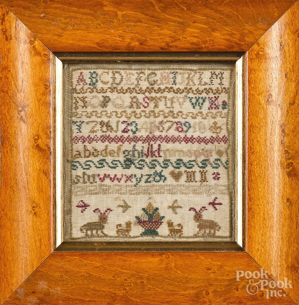 Appraisal: Miniature silk on linen sampler th c Miniature silk on