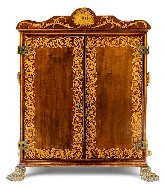 Appraisal: A Regency Marquetry and Mahogany Jewelry Cabinet Height x width