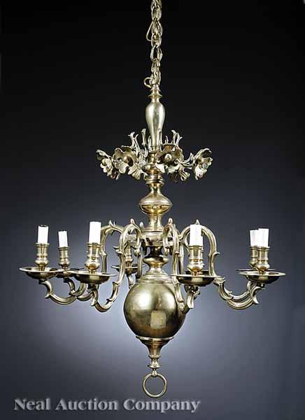 Appraisal: An Antique American Brass Eight-Light Chandelier th c heavy brass