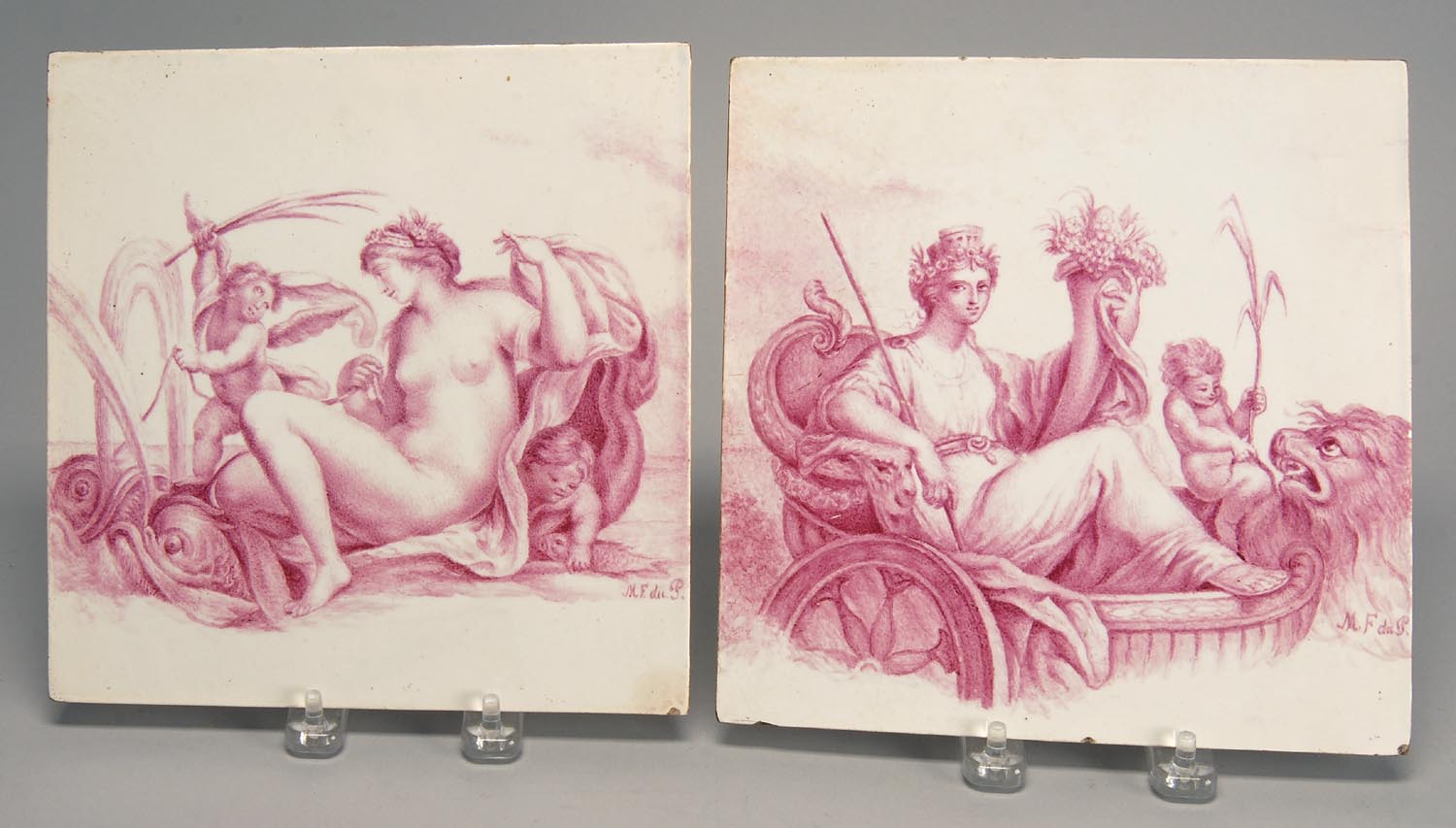 Appraisal: TWO TH CENTURY ROSE GLAZE PORCELAIN TILES depicting classical women