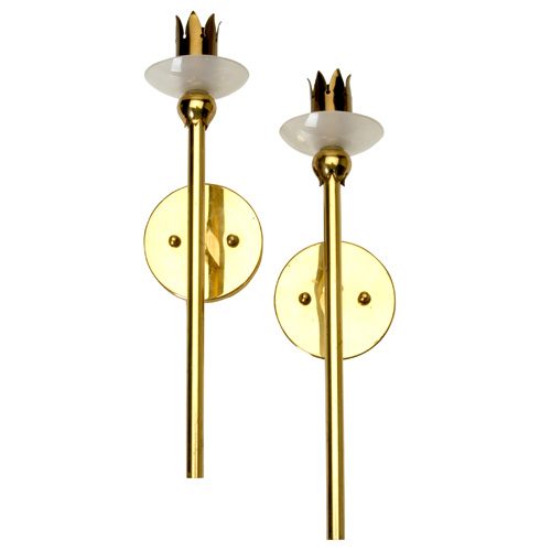 Appraisal: ARREDOLUCE Pair of brass sconces with frosted glass bobeches Made