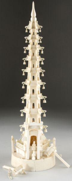 Appraisal: Asian Carved Ivory Pagoda Tower gated facade before eight stacked