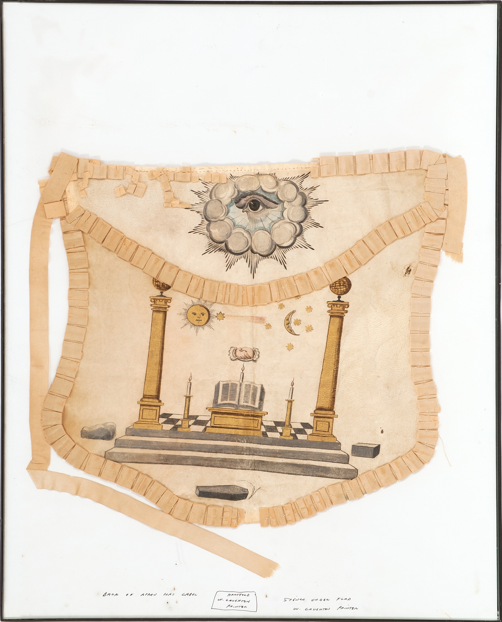 Appraisal: FRAMED MASONIC APRON Circa - In white lambskin with white