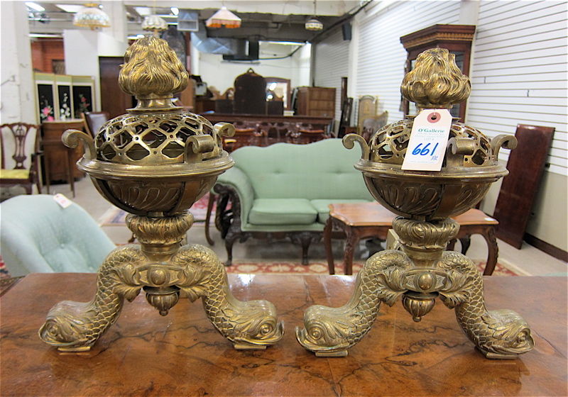 Appraisal: PAIR OF LOUIS XV STYLE BRASS POTPOURRI CHENETS andirons each