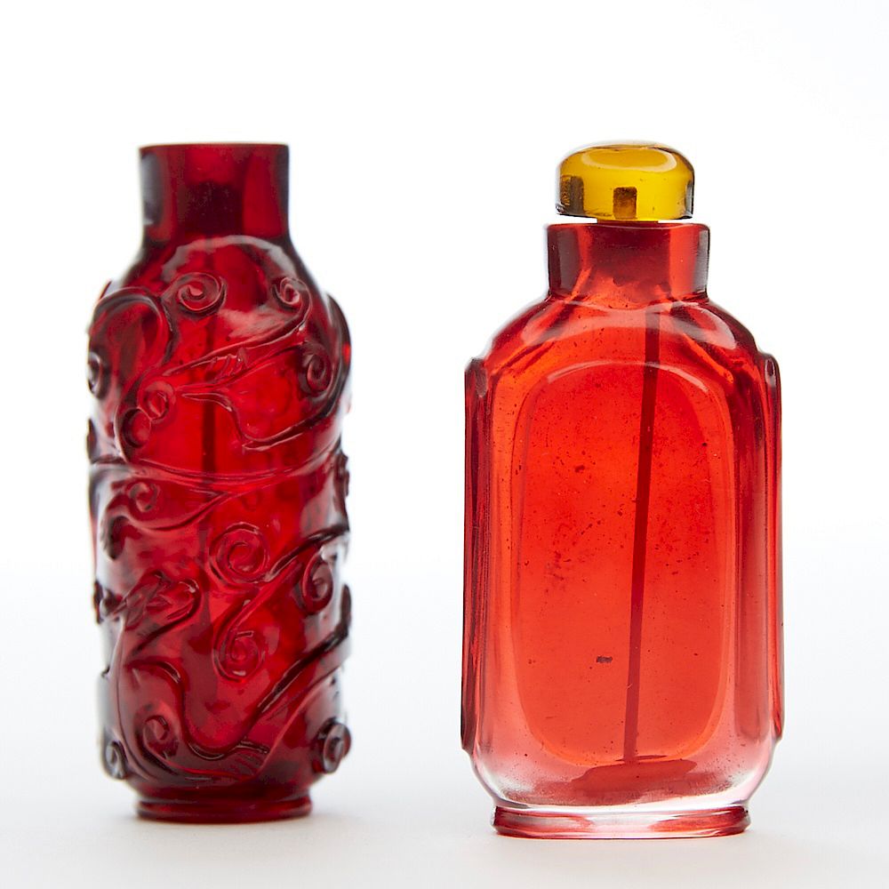 Appraisal: Grp Chinese Red Glass Overlay Snuff Bottles A lovely group