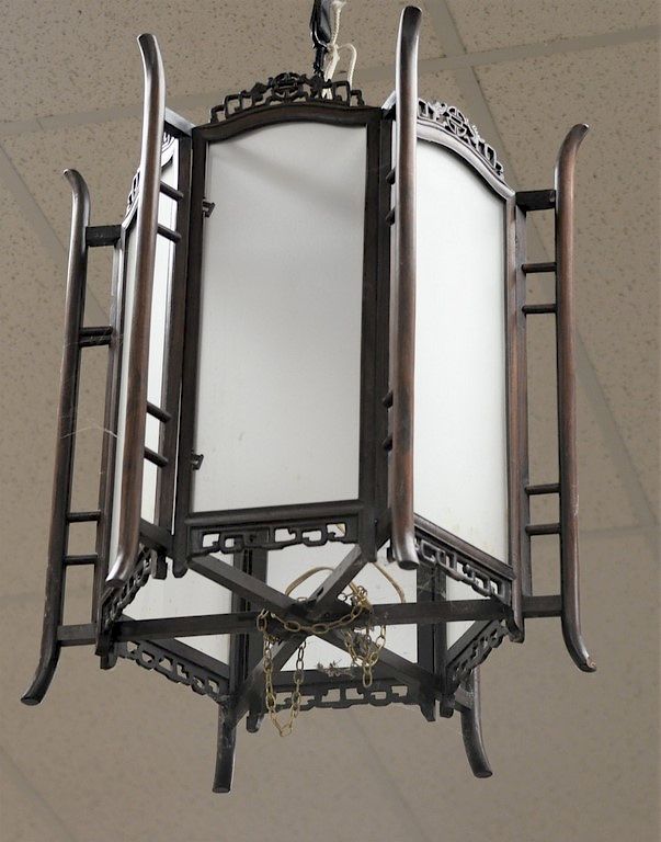 Appraisal: Pair of Chinese hanging lamps having hardwood hexagon frame with