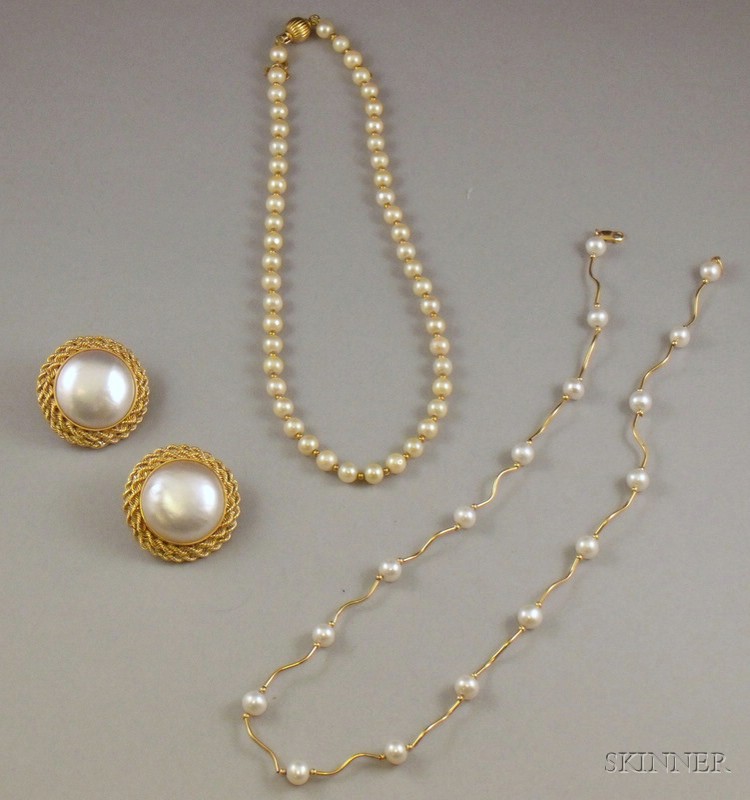 Appraisal: Two Gold and Pearl Necklaces and a Pair of kt