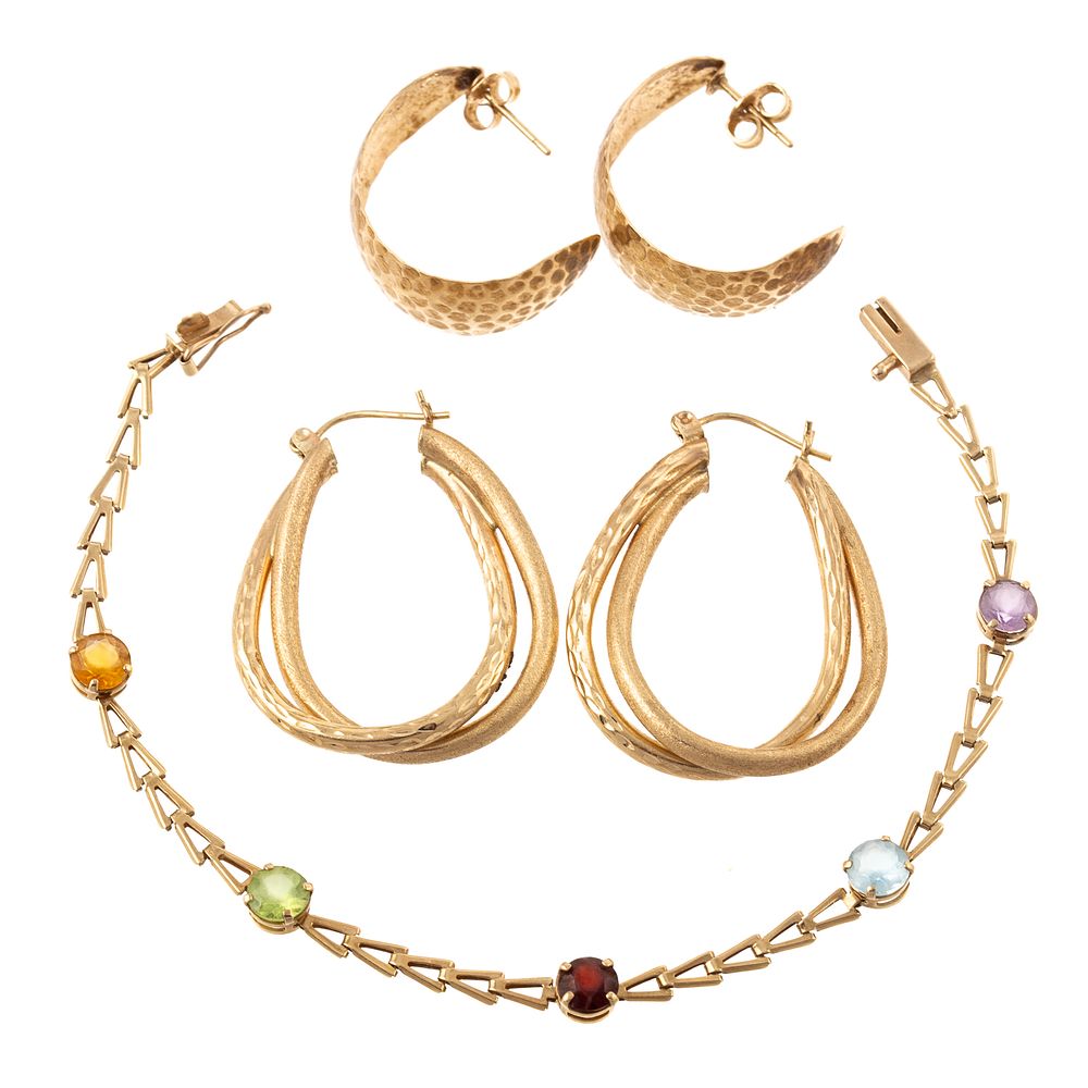 Appraisal: Two Pairs of K Hoops Gemstone Link Bracelet K yellow