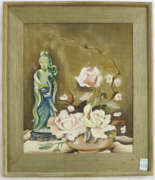 Appraisal: MIXED MEDIA STILL-LIFE pink roses cherry blossoms and a Chinese