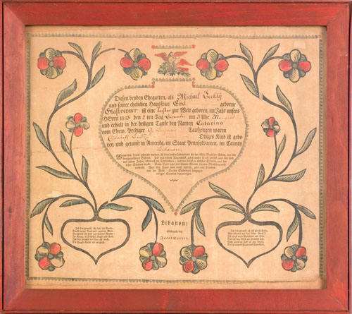 Appraisal: Lebanon County Pennsylvania printed and hand colored fraktur dated by