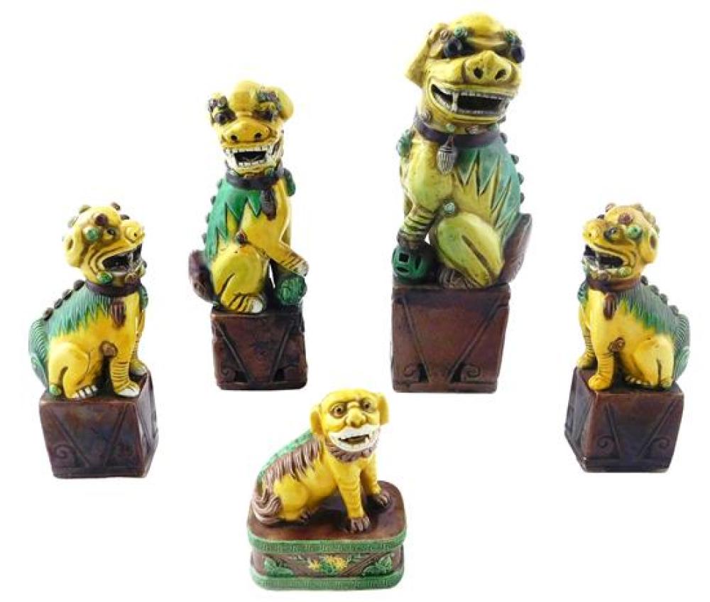 Appraisal: ASIAN Five sancai foo dogs including one pair Chinese th