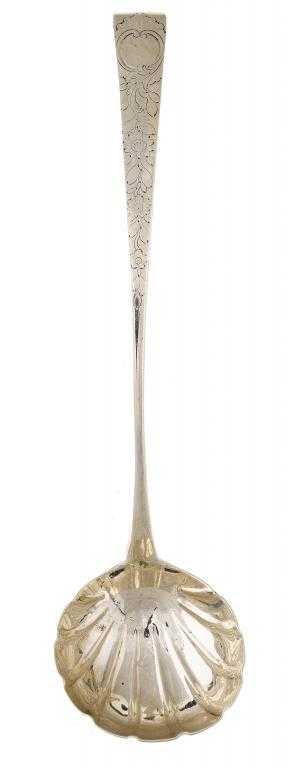 Appraisal: AN IRISH GEORGE III ROCOCO SOUP LADLE Old English pattern