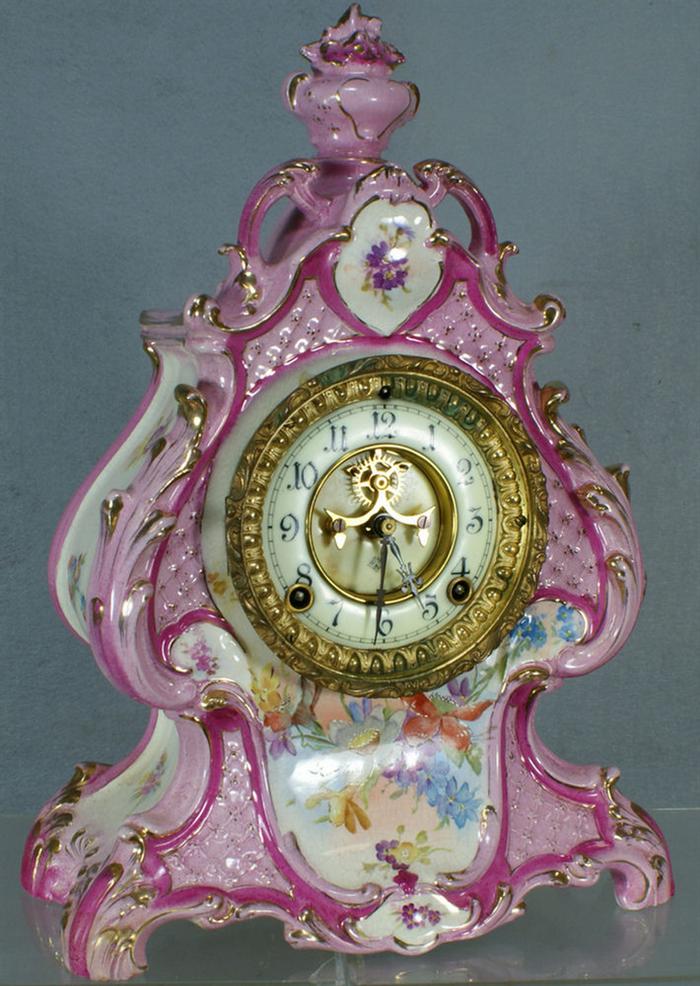 Appraisal: Ansonia pink floral china case clock Royal Bonn case needs