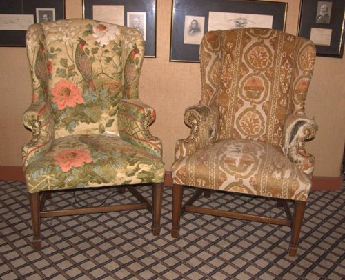 Appraisal: Title Two Wing Back Chairs with floral upholstery and square