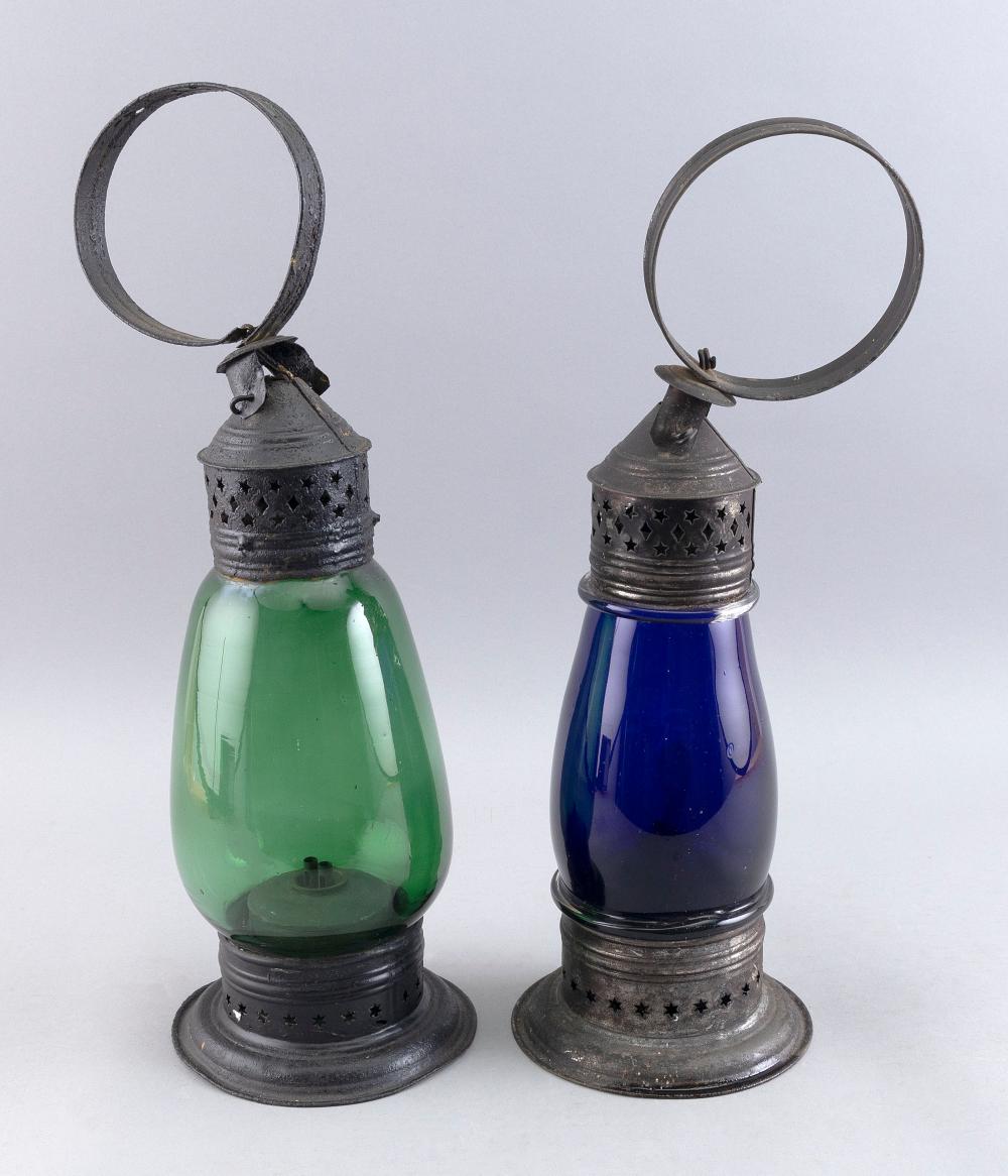 Appraisal: TWO TIN AND GLASS RAILROAD LANTERNS HEIGHTS TWO TIN AND