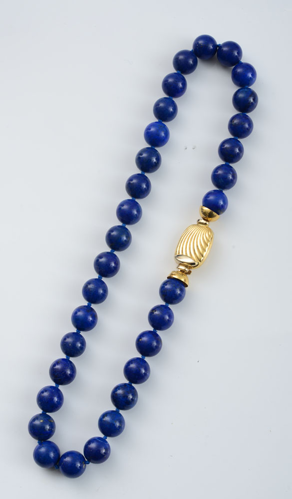 Appraisal: LAPIS BEAD NECKLACE With k gold clasp in dwts Estimate