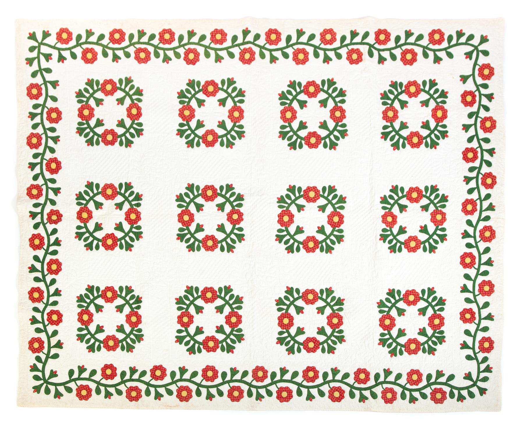 Appraisal: AMERICAN APPLIQUE QUILT Mid th century cotton Red and green