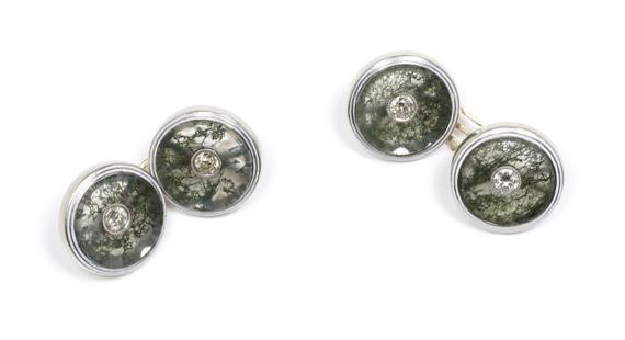 Appraisal: MOSS AGATE AND DIAMOND CUFF LINKS ca Yellow and white