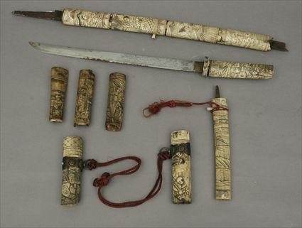 Appraisal: Assorted Japanese Steel-Blade Daggers with Carved Ivory Handles Together with