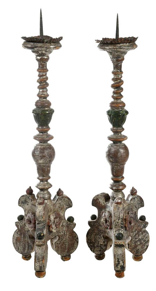 Appraisal: Pair Italian Baroque Candlesticks each with tin candle cup with