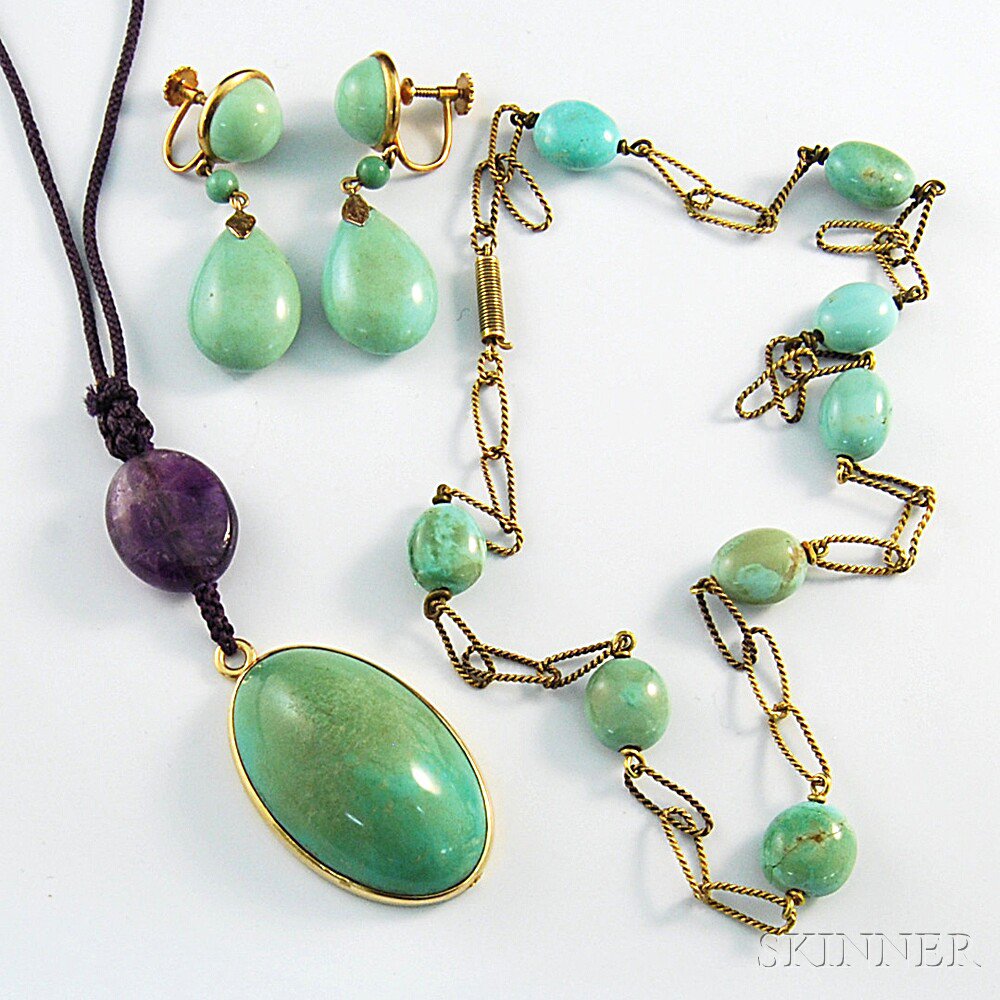 Appraisal: Three Pieces of Turquoise Jewelry a pair of gold-mounted turquoise