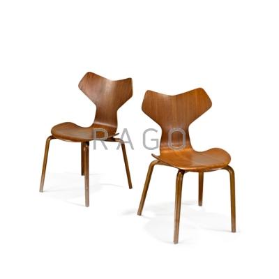 Appraisal: ARNE JACOBSEN FRITZ HANSEN Pair of teak Grand Prix chairs