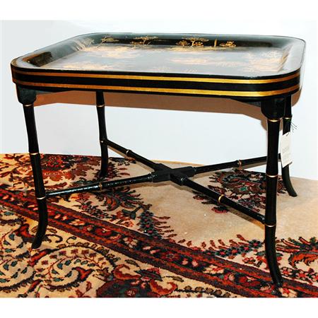 Appraisal: Black Painted Chinoiserie Decorated Metal Tray on Stand Estimate -