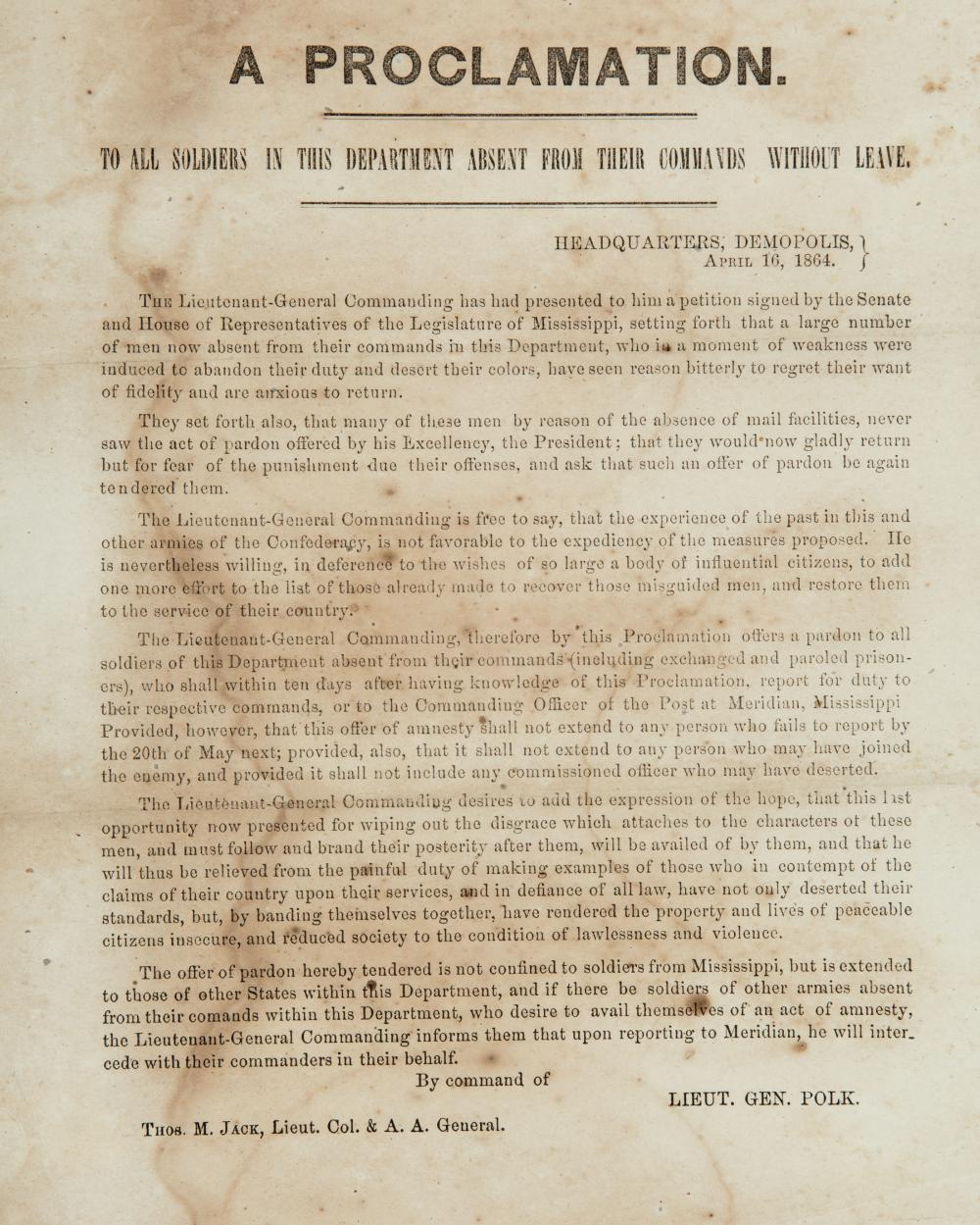 Appraisal: Confederate Imprint Broadside A Proclamation to all soldiers in this